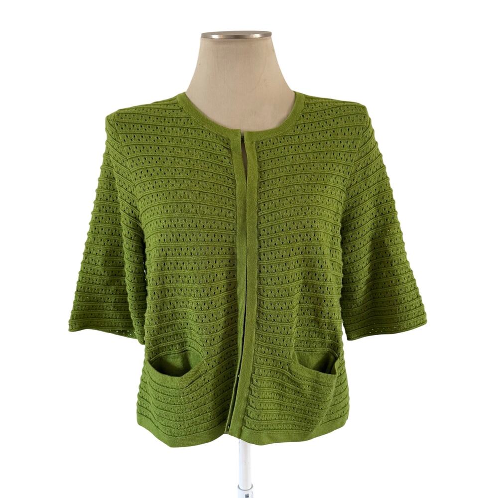Chicos Bright Green Short Sleeve Knit Cardigan Sz 1/M Spring Casual